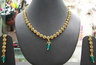 NEW INDIAN ONE GRAM GOLD PLATED F AUX EMERALD LCT STONE JEWELRY SET 