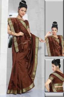 Brown Art Silk Saree Sari fabric India Golden Border  