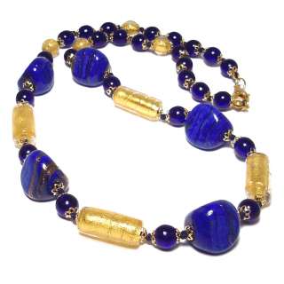   Venetian Italian 24K GOLD FOIL Lapis Blue Glass Bead Necklace  