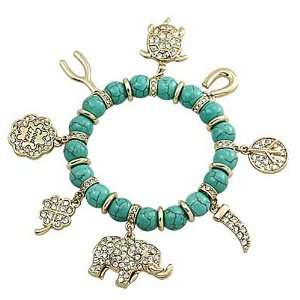   Gold Plated Turquoise Stone Good Luck Charm Stretch Bracelet: Jewelry