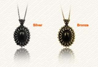 Oval Black Stone Pendant Long chain Necklace Women Accessory Bronze 