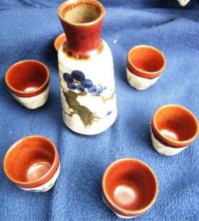   Handpainted Japanese Sake Set Decanter blue brown bronze 6 glasses M2