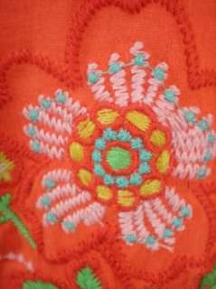 Johnny Was JWLA M Orange Floral Embroidered Cotton Knit Mini Dress 