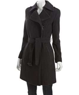 Cole Haan charcoal wool cashmere leather trim belted coat