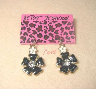 Betsey Johnson Black White Flowers w/Crystal Pierced Earrings  