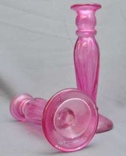 Pair (2) Vintage Pink/Fuchsia Depression Glass Tall Candlestick Hollow 