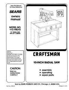  Craftsman Radial Arm Saw Manual No.113.198310  