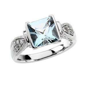 Magnificient Genuine Princess Cut Aquamarine & Diamond Ring With Old 