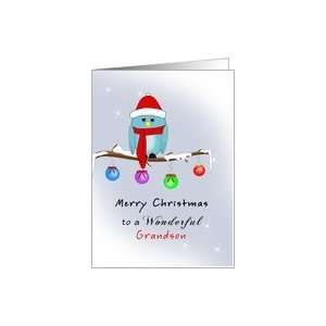 Grandson Christmas Card with Blue Bird, Red Hat, Scarf, Boots Card