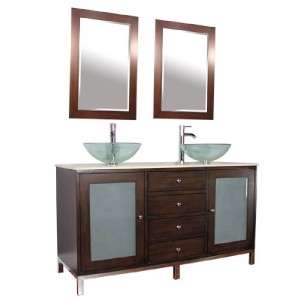 60 Double Bathroom Vanity with Cream Marble Top / Vessel Sink  