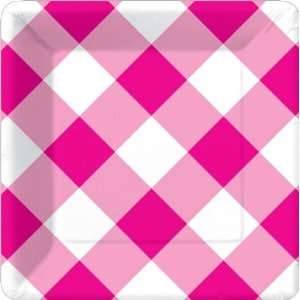 Gingham Pink 7 inch Square Paper Plate:  Kitchen & Dining