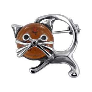  .925 Sterling Silver Brown Amber Cat Brooch Pin 20mm Long 