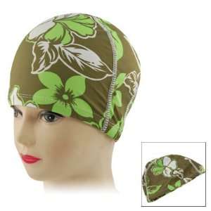   Stretchy Head Band Green White Flower Swim Cap