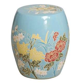 Turquoise Pink Ivory Flower Design Ceramic Garden Seat Stool  