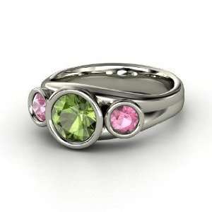   Ring, Round Green Tourmaline 14K White Gold Ring with Pink Tourmaline