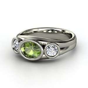   Ring, Oval Green Tourmaline Sterling Silver Ring with Diamond Jewelry