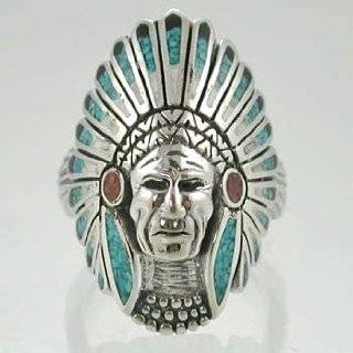  Large Southwestern Style Indian Chief Headdress Ring with Turquoise 