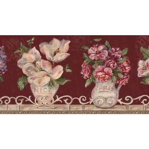  Burgundy Floral Vases Wallpaper Border